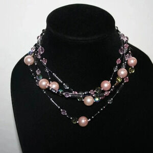 Black and pink pearl and crystal beaded layered necklace, 3 Layers